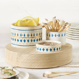 Trio Ceramic Bowls on Wood Base - Blue Pattern
