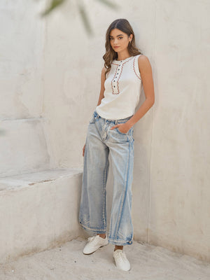 Vintage Wash Curved Jean w/Side Detail Button