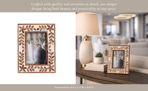 Picture Frame - Brown Wood Etched Leaf Inlay Vine - 4x6 in.