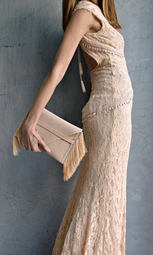 Medusa Clutch with Silk Fringe - Beige