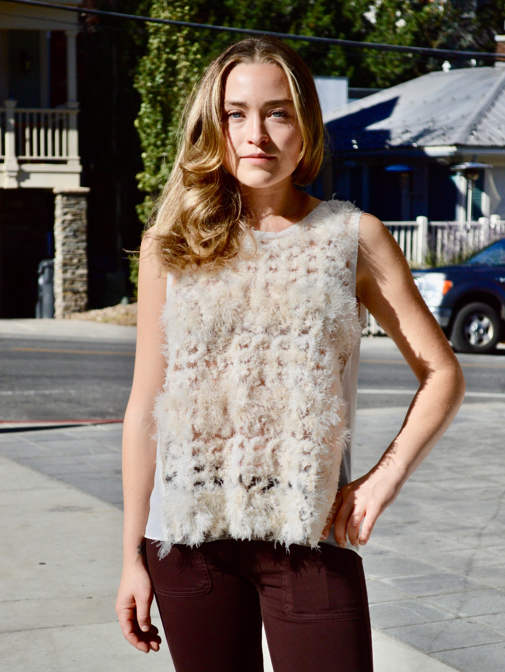 Feathered Sleeveless Blouse