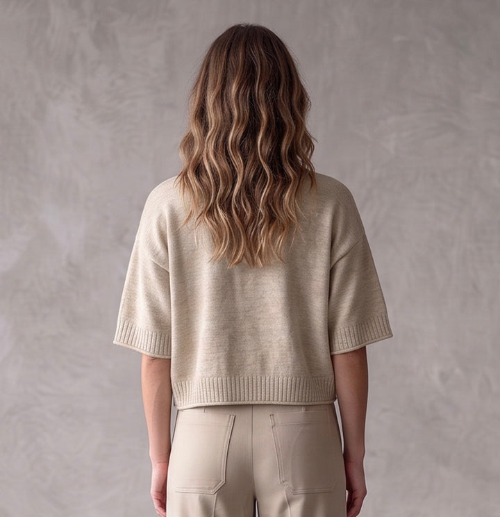 Reversed Seam 3/4 Sleeve Boxy Cropped Sweater
