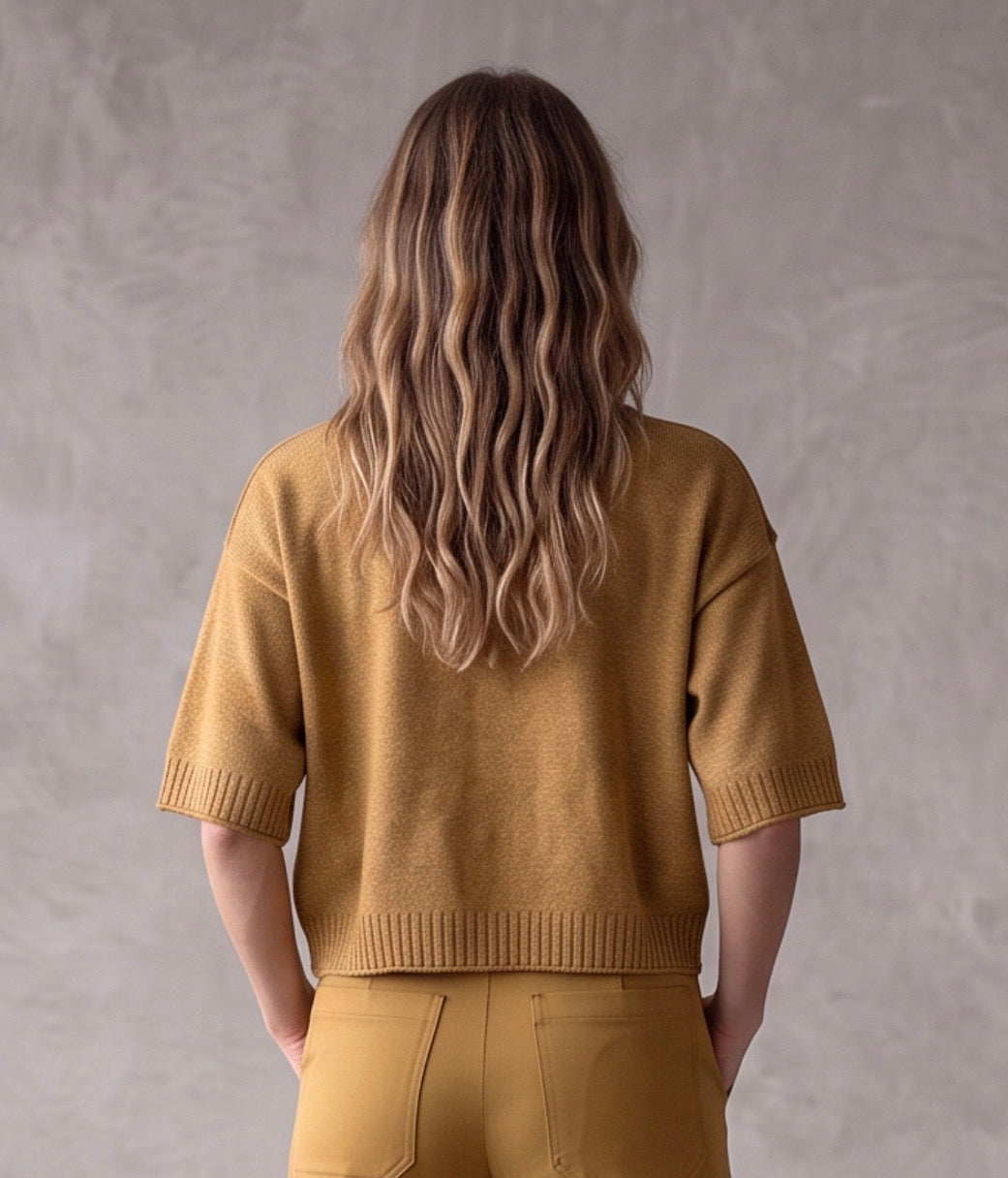 Reversed Seam 3/4 Sleeve Boxy Cropped Sweater