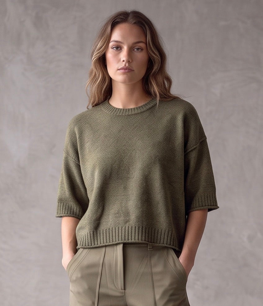 Reversed Seam 3/4 Sleeve Boxy Cropped Sweater