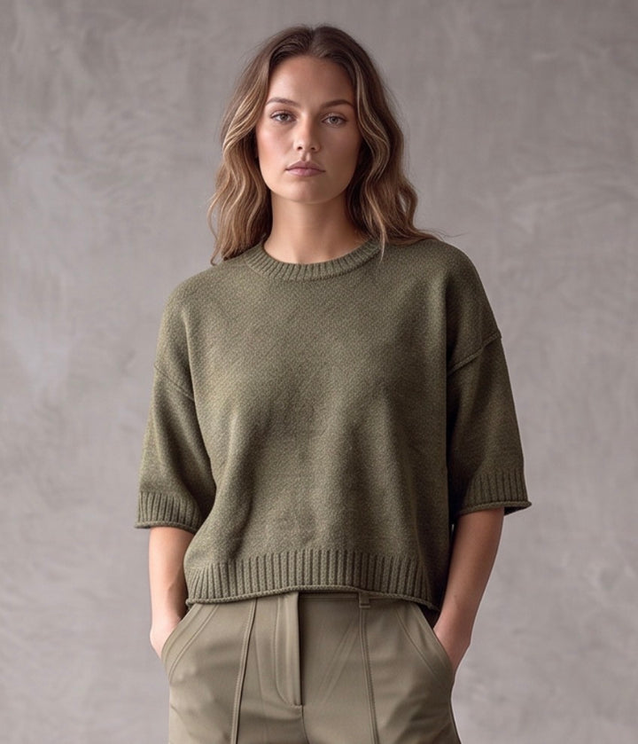 Reversed Seam 3/4 Sleeve Boxy Cropped Sweater