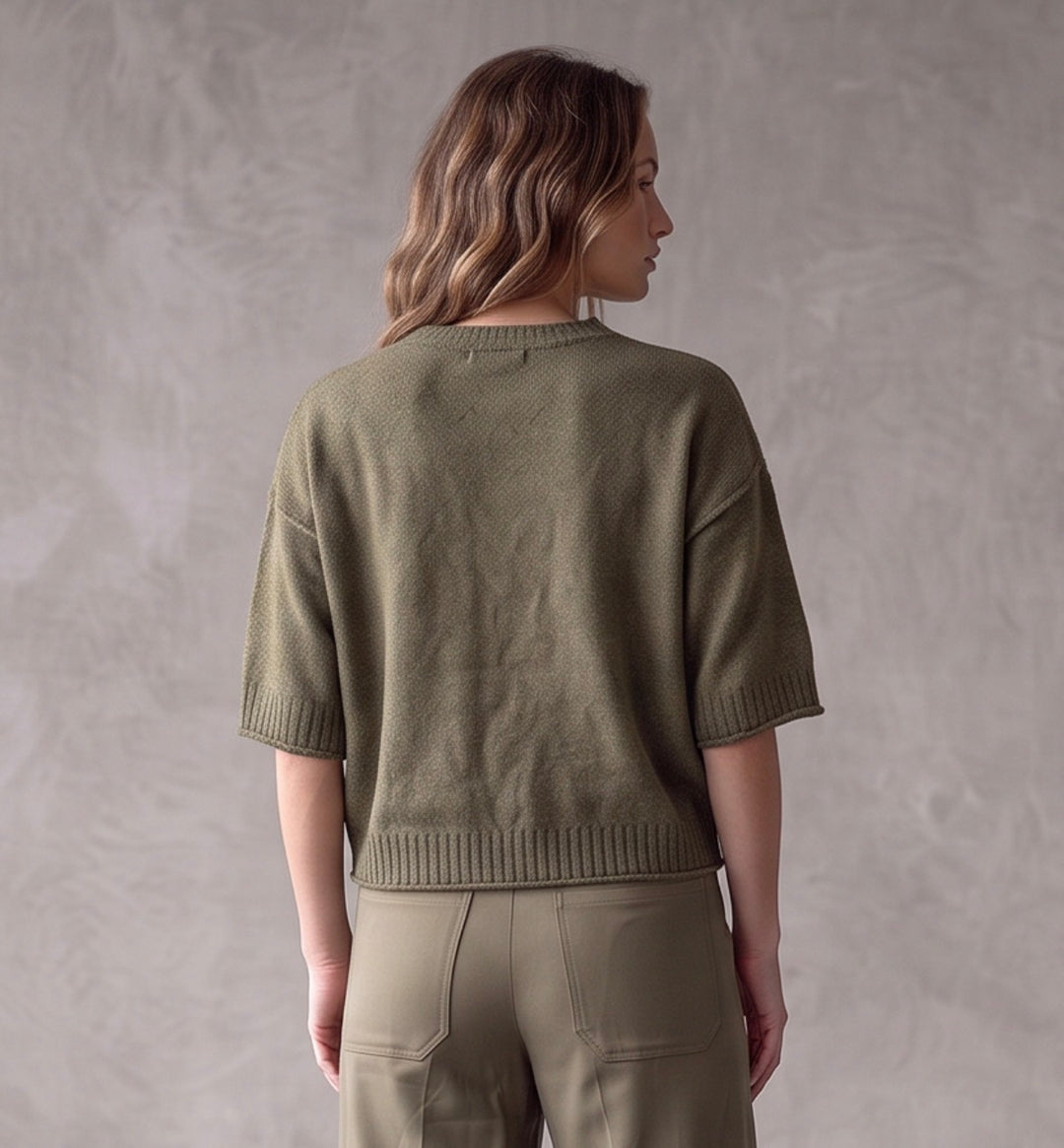 Reversed Seam 3/4 Sleeve Boxy Cropped Sweater