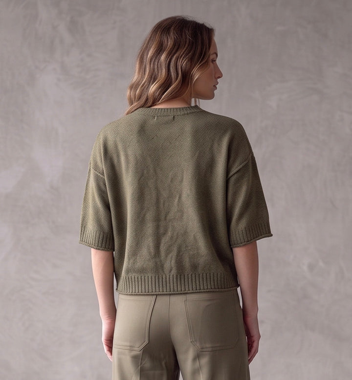 Reversed Seam 3/4 Sleeve Boxy Cropped Sweater