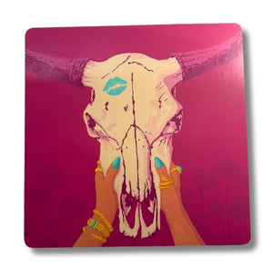 Kissed the Cow Skull is an original painting by Brandt Woods.  36" x 36" Acrylic paint on wood canvas.