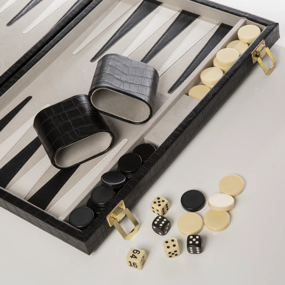 Backgammon Set - Faux Black Croc/Medium