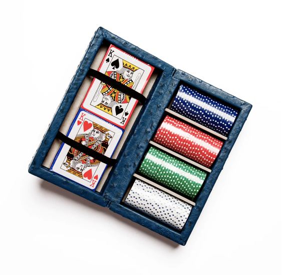 Leather Poker Set - Blue Ostrich/Small