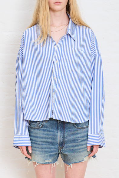 Cropped Button Down- Blue Striped