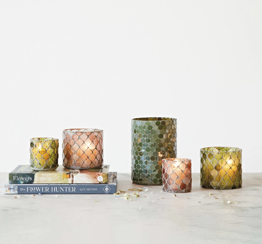 Recycled Glass Mosaic Votive Candle Holder - Iridescent Green