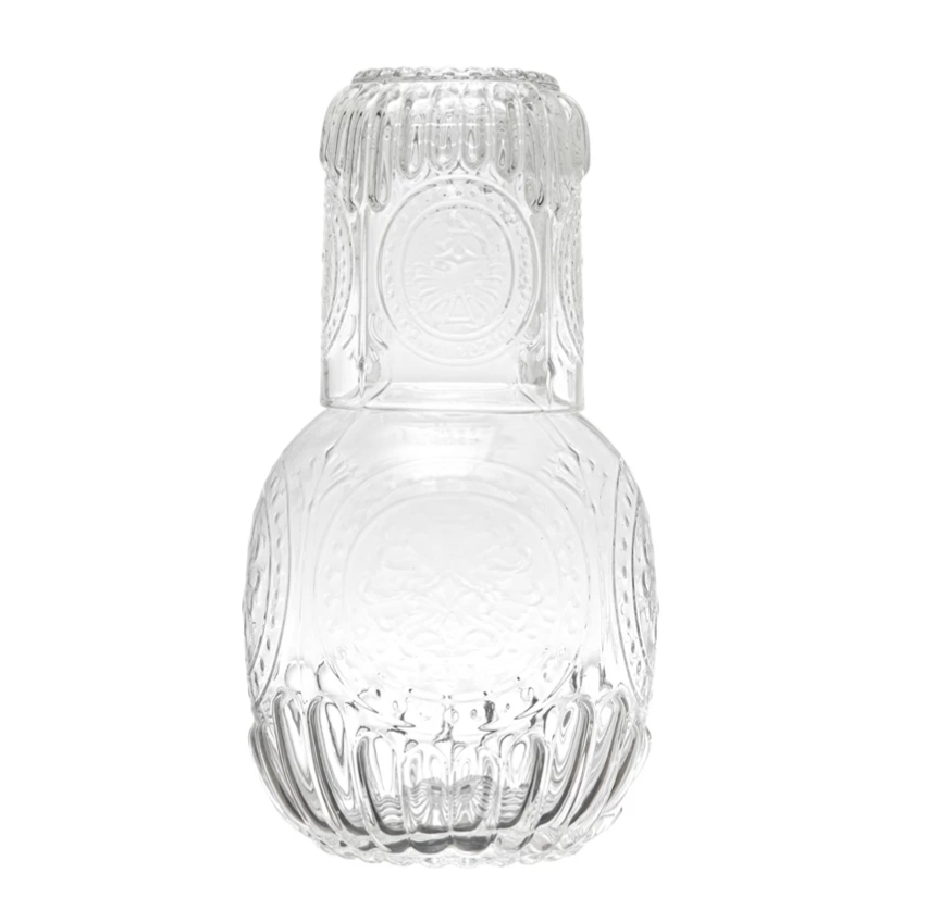 Embossed Glass Carafe w/Drinking Glass