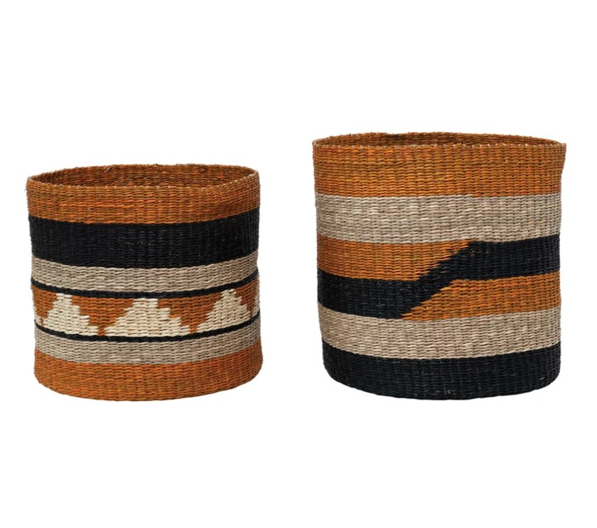 Hand-Woven Seagrass Baskets with Design, Set of 2