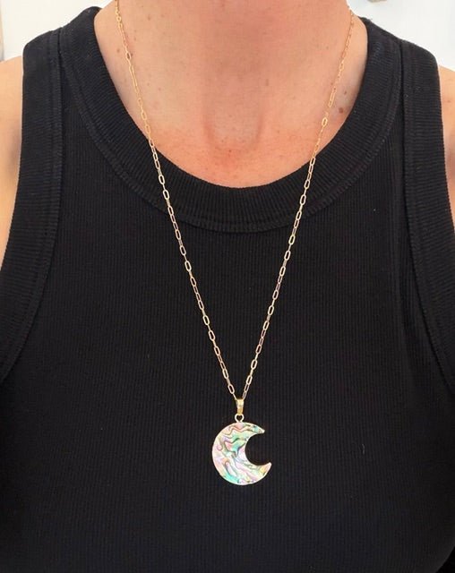 Abalone Shell Moon Gold Plated Long Chain Necklace - The Collective Park City