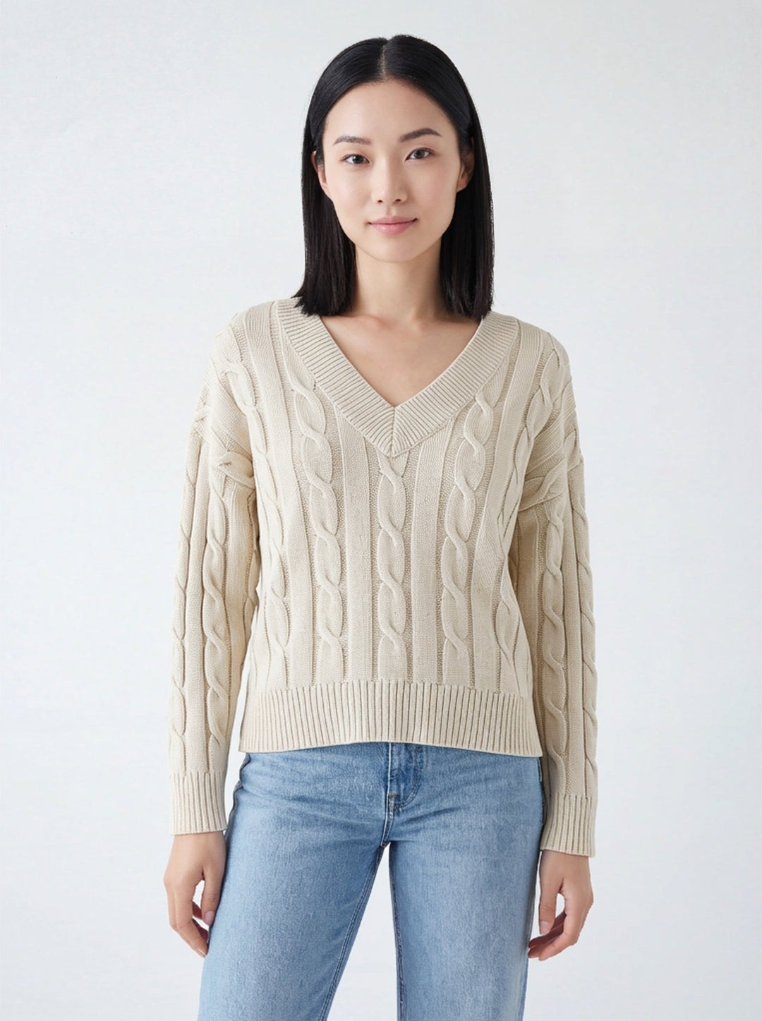Acid Wash Cable V - Neck Sweater - The Collective Park City