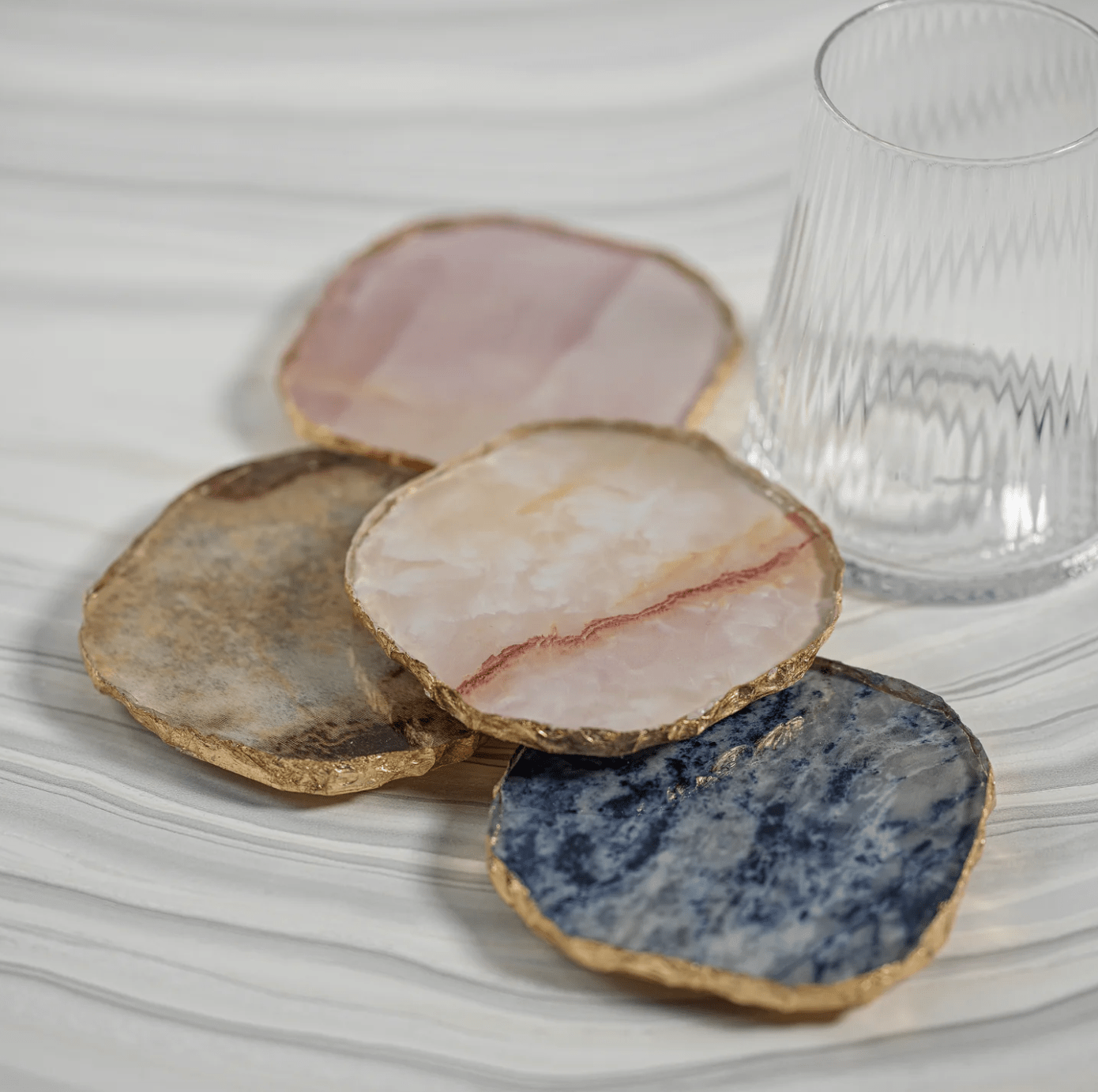 Agate Marble Glass Coaster with Gold Rim - Blue Tone - The Collective Park City