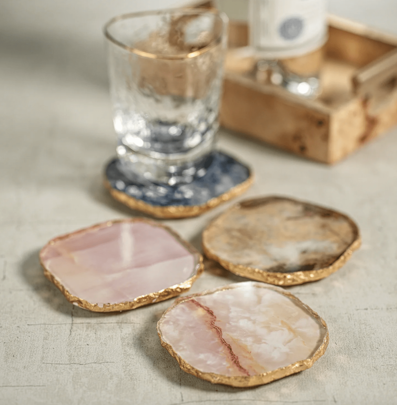 Agate Marble Glass Coaster with Gold Rim - Blue Tone - The Collective Park City