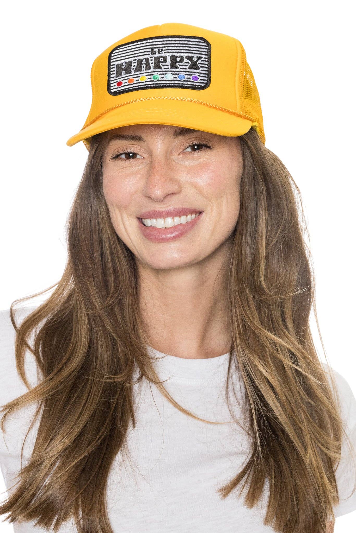 Be Happy Trucker Hat in Gold - The Collective Park City