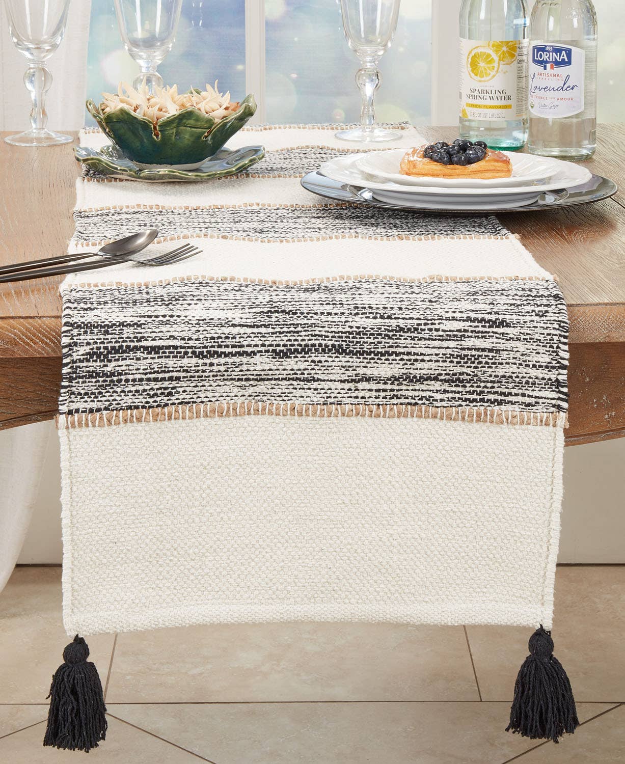 Black White Striped Tassel 16x72 Cotton Jute Table Runner - The Collective Park City