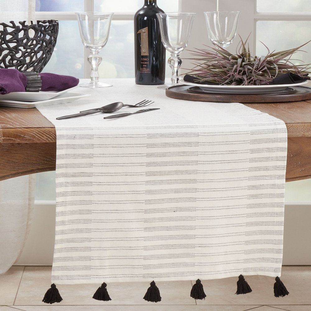 Black - White Striped Tassel Cotton 16"x72" Table Runner - The Collective Park City