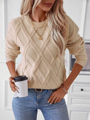 Cable Knit Crew Neck Sweater - Apricot - The Collective Park City
