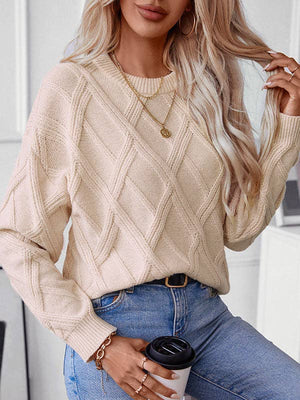 Cable Knit Crew Neck Sweater - Apricot - The Collective Park City