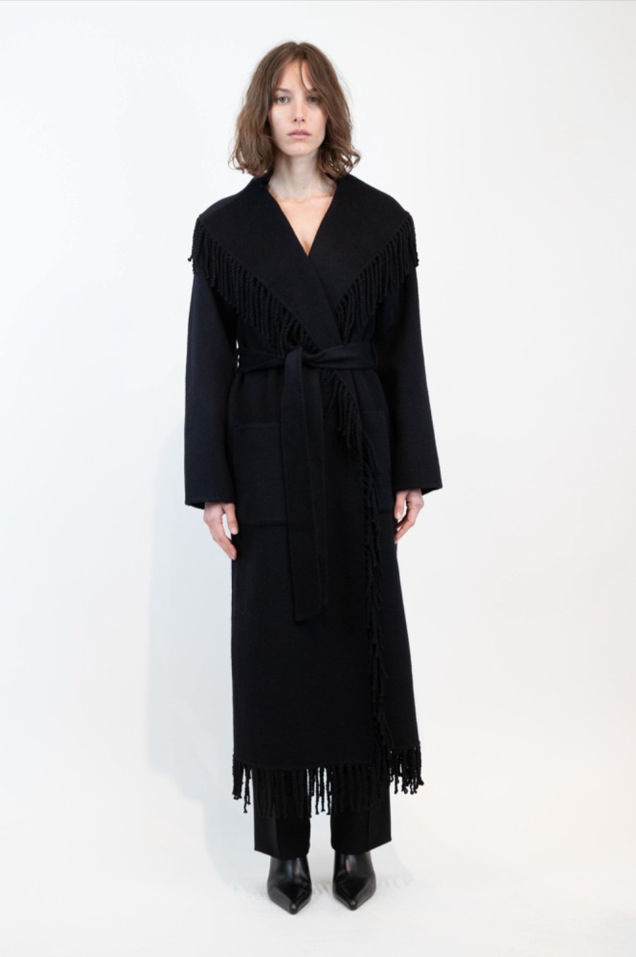 Carrie Wool Fringe Robe Coat - Black - The Collective Park City