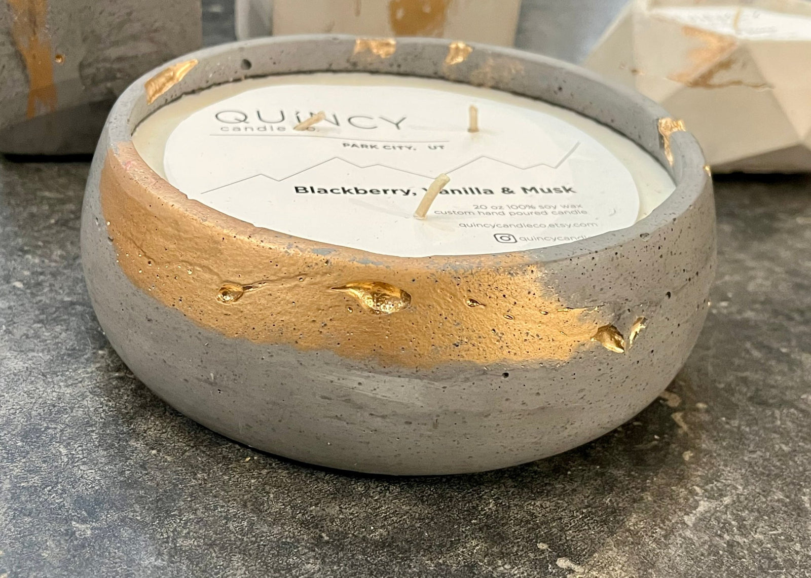 Concrete Black/Gold Candle - 3 wick round - The Collective Park City