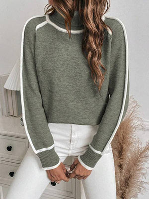 Contrast Seam High Neck Sweater - ARMY GREEN - The Collective Park City