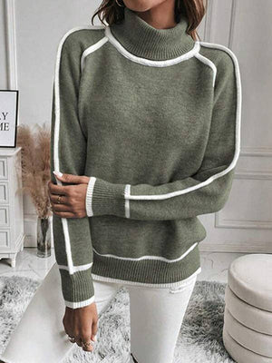 Contrast Seam High Neck Sweater - ARMY GREEN - The Collective Park City