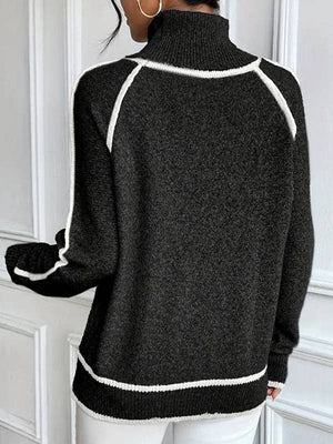 Contrast Seam High Neck Sweater - BLACK - The Collective Park City