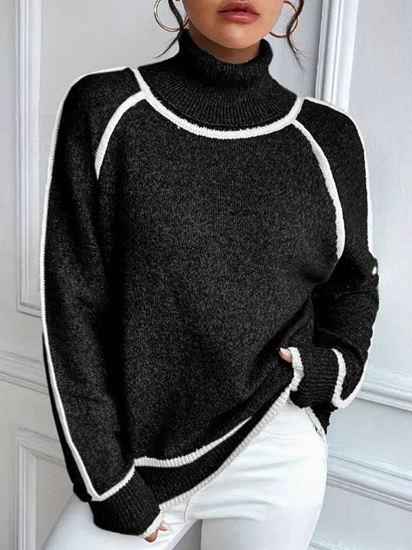 Contrast Seam High Neck Sweater - BLACK - The Collective Park City