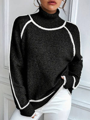 Contrast Seam High Neck Sweater - BLACK - The Collective Park City