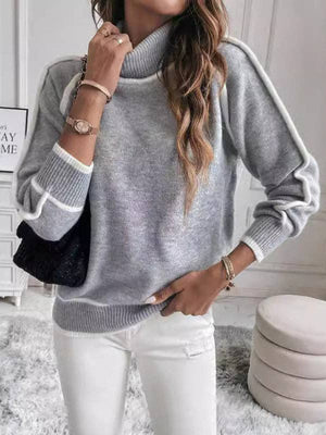 Contrast Seam High Neck Sweater - GREY - The Collective Park City