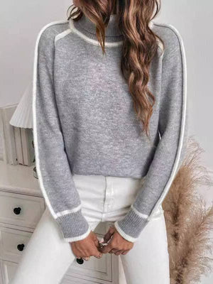 Contrast Seam High Neck Sweater - GREY - The Collective Park City