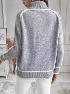 Contrast Seam High Neck Sweater - GREY - The Collective Park City