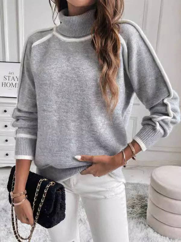 Contrast Seam High Neck Sweater - GREY - The Collective Park City