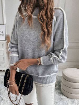 Contrast Seam High Neck Sweater - GREY - The Collective Park City