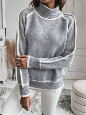 Contrast Seam High Neck Sweater - GREY - The Collective Park City