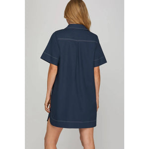 Contrast Stitch Navy Shirt Dress - The Collective Park City