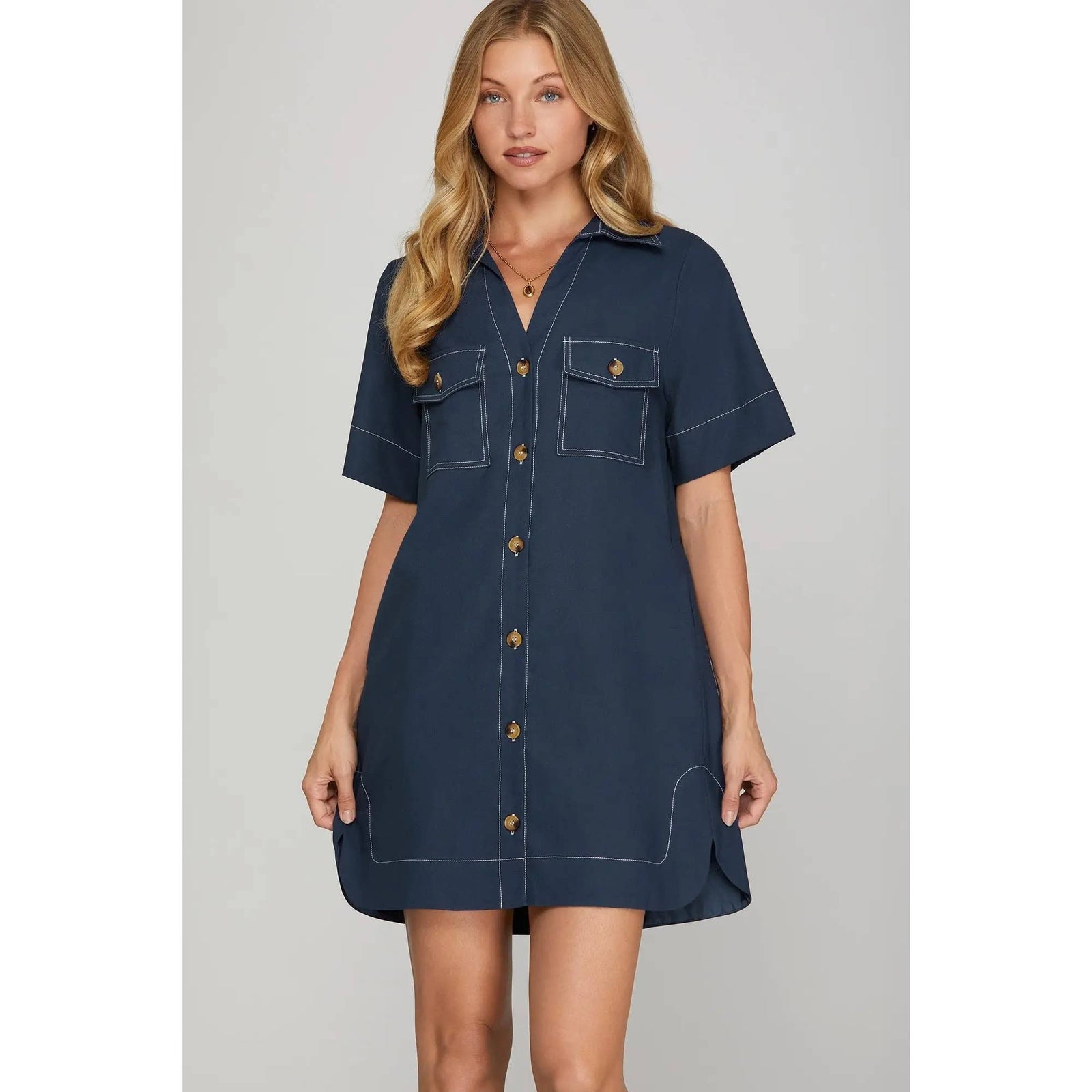 Contrast Stitch Navy Shirt Dress - The Collective Park City