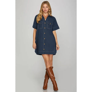 Contrast Stitch Navy Shirt Dress - The Collective Park City