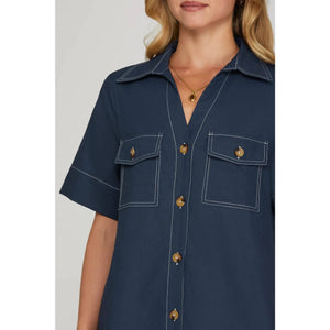 Contrast Stitch Navy Shirt Dress - The Collective Park City