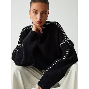 Contrast Stitched Knit Sweater BLACK - The Collective Park City