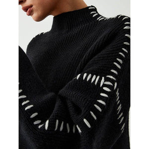 Contrast Stitched Knit Sweater BLACK - The Collective Park City
