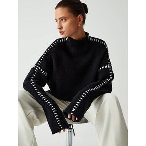 Contrast Stitched Knit Sweater BLACK - The Collective Park City