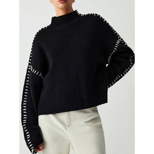 Contrast Stitched Knit Sweater BLACK - The Collective Park City