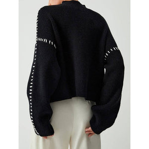 Contrast Stitched Knit Sweater BLACK - The Collective Park City