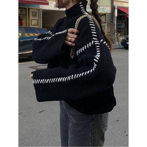 Contrast Stitched Knit Sweater BLACK - The Collective Park City